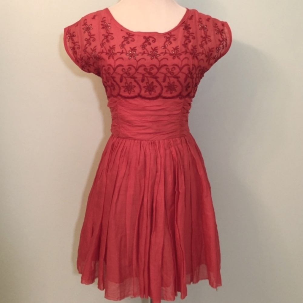 Free People Red Orange Mini Dress with Eyelet Embroidery